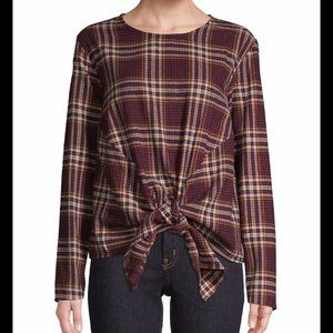 NWT Design Lab Plaid Tie-Front Flannel Blouse